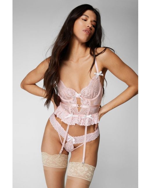 Nasty Gal Pink Lace Bow Cut Out Ruffle Basque And Thong Set