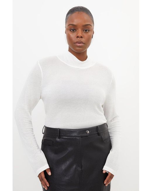 Karen Millen White Plus Size Premium Jersey Wool Blend High Neck Sleeve Top