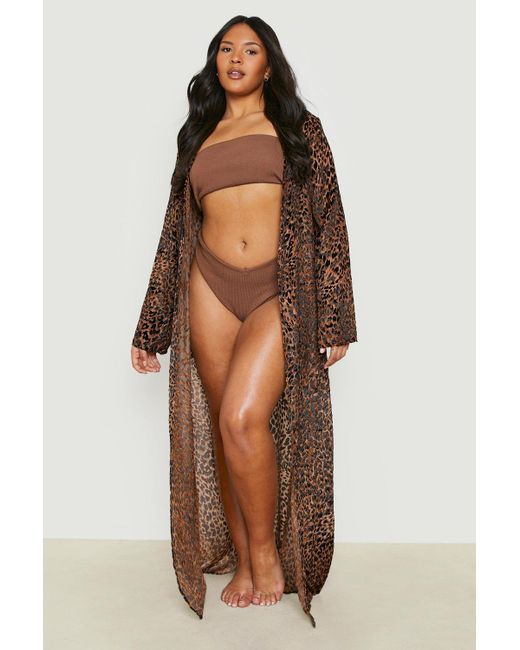 Boohoo Brown Plus Leopard Devore Maxi Beach Kimono