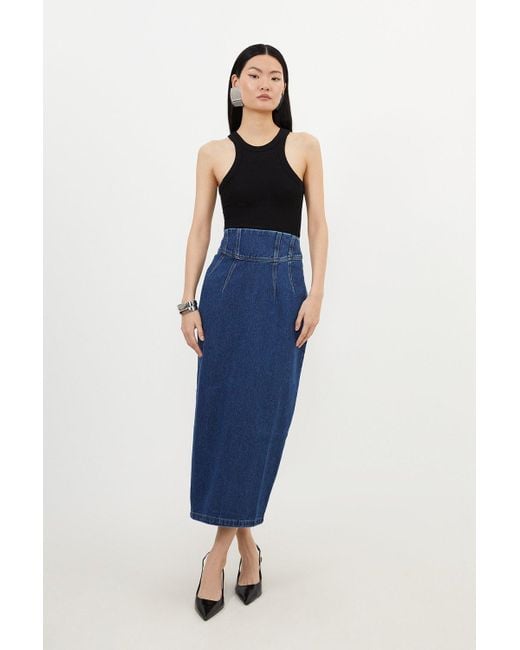 Karen Millen Blue Contrast Stitch Detail Corset Waist Denim Midi Skirt