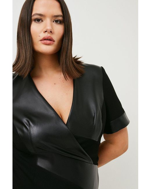 Karen Millen Black Plus Size Structured Crepe And Pu Forever Midi Dress