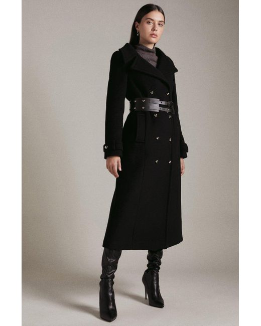 Karen Millen Black Italian Wool Stud Belt Db Trench Coat