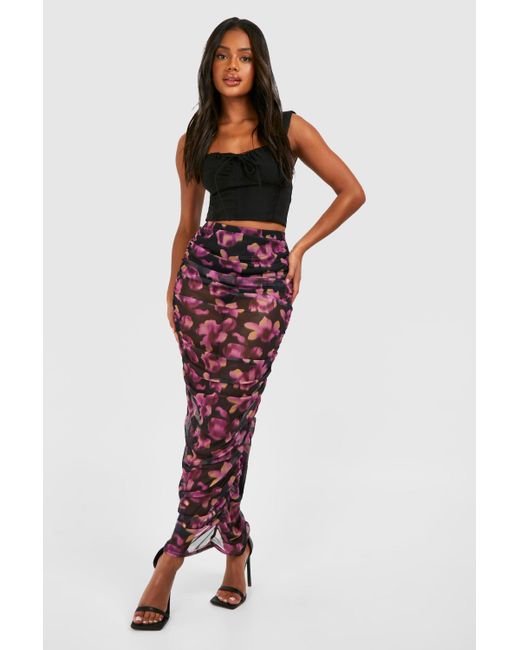 Boohoo Red Ruched Mesh Floral Printed Maxi Skirt