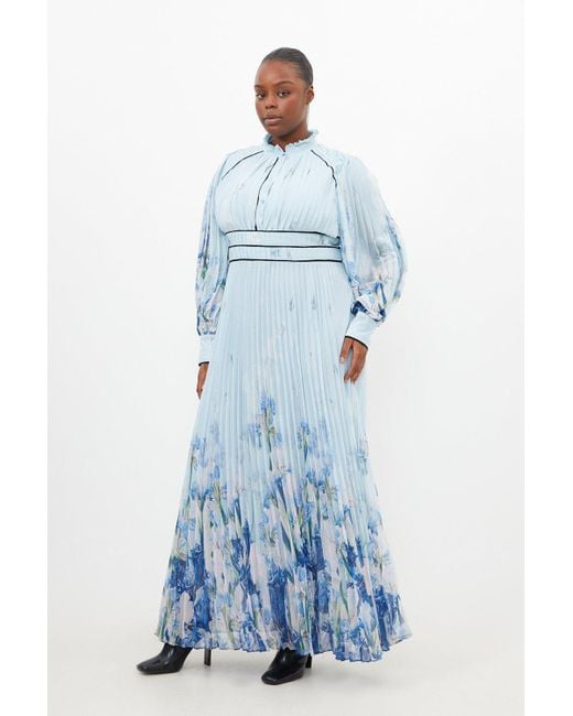 Karen Millen Blue Plus Size Scattered Floral Print Pleated Maxi Dress
