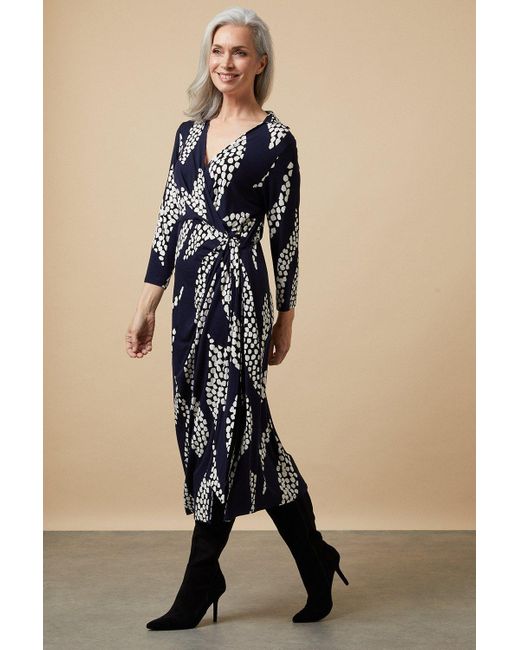Wallis Blue Navy Spot Palm Print Wrap Jersey Shirt Midi Dress