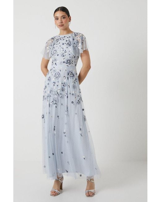 Coast Blue Floral Embroidered Angel Sleeve Dobby Mesh Bridesmaids Dress
