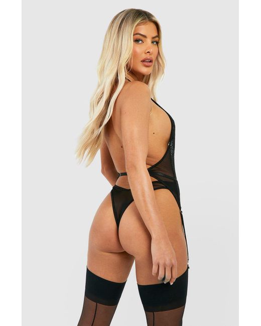 Boohoo Black Lace Plunge One Piece