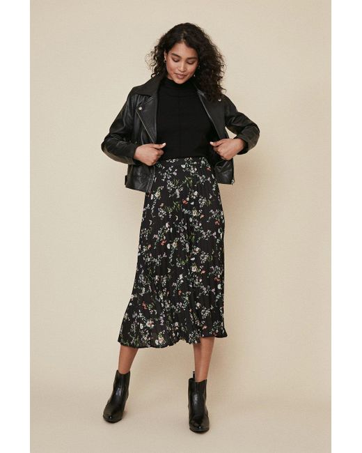 Oasis Black Floral Pleated Midi Skirt