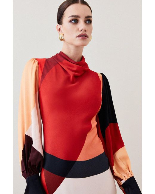 Karen Millen Red Draped Stretch Satin Colour Block Midi Dress