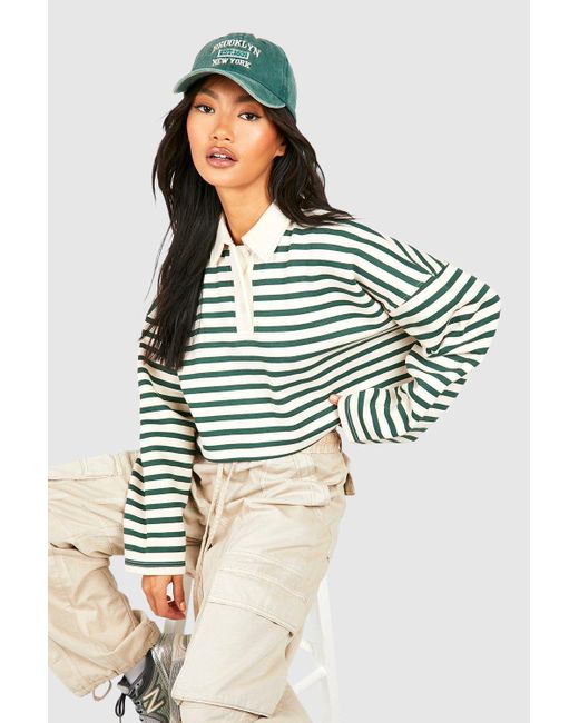 Boohoo Blue Striped Long Sleeve Collared Cropped Shirt