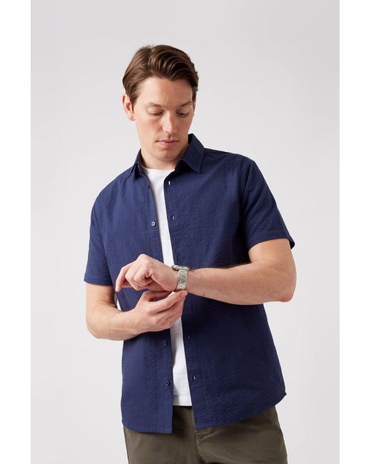 Burton Blue Short Sleeve Navy Seersucker Shirt for men