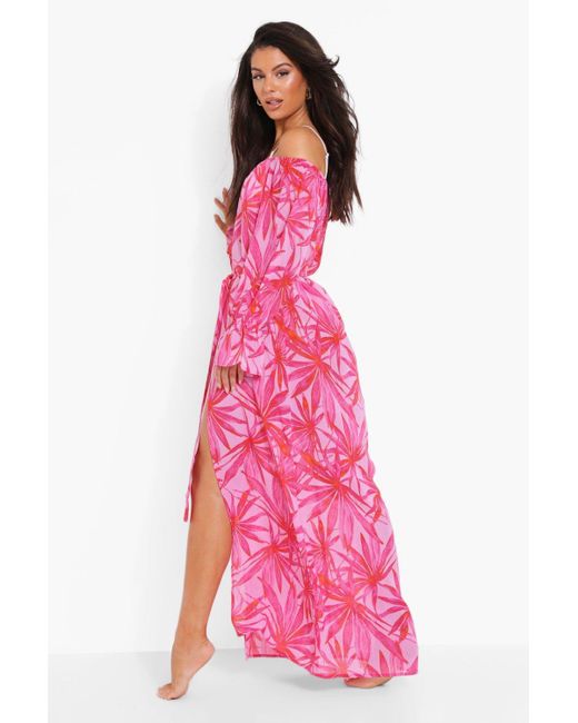 Boohoo Pink Palm Chiffon Bardot Beach Dress