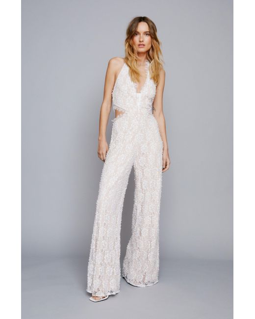 Nasty Gal Gray Bridal Lace Beaded Cut Out Jumpsuit