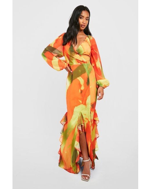 Boohoo Orange Petite Abstract Print Ruffle Wrap Maxi Dress