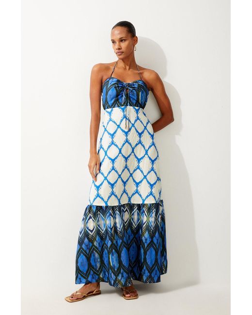 Karen Millen Blue Tile Printed Viscose Linen Woven Maxi Beach Dress
