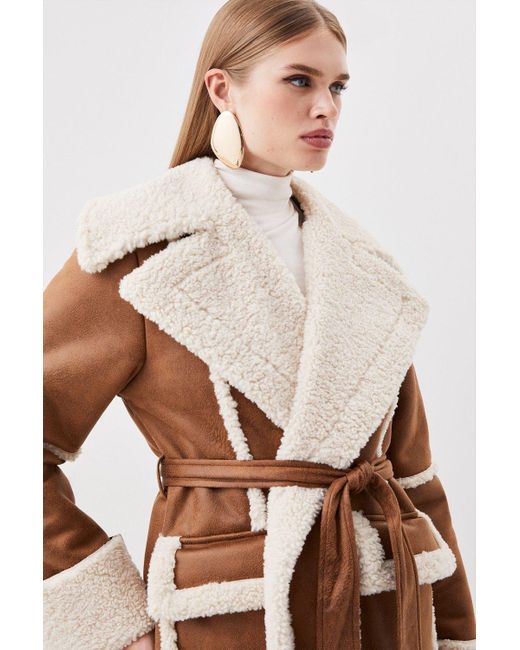 Karen Millen Natural Faux Shearling Contrast Cuff And Collar Wrap Midi Coat
