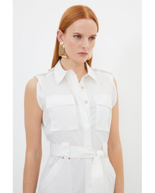 Karen Millen White Petite Cotton Sateen Pocket Detail Woven Maxi Shirt Dress