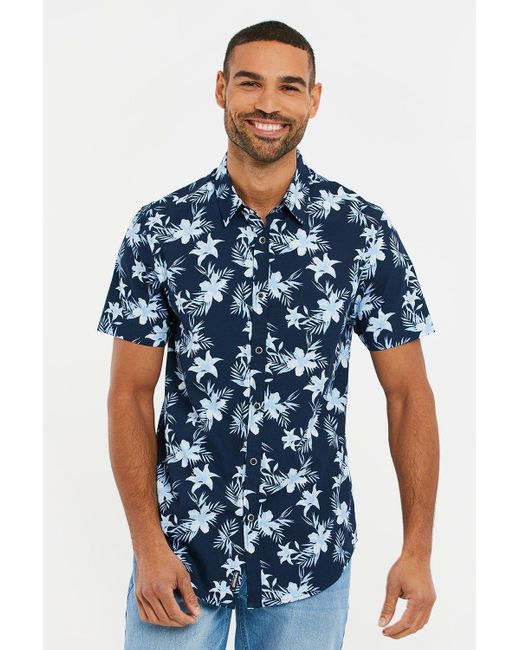 Threadbare Blue 'roselle' Cotton Tropical Print Short Sleeve Shirt for men