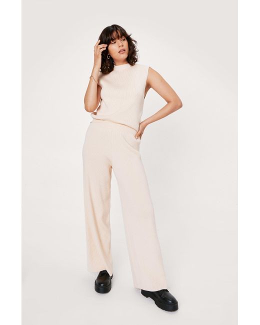 Nasty Gal Natural Knitted Sweater Vest And Wide Leg Pants Set