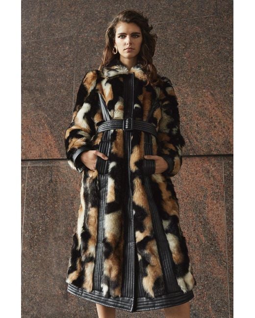 Karen Millen Brown Panelled Mixed Faux Fur Pu Belted Long Coat