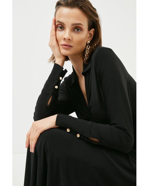 Karen Millen Black Jersey Twist Knot Collared Midi Dress