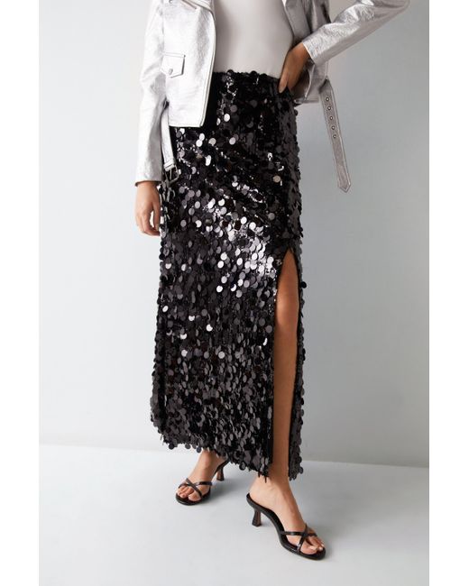 Warehouse Black Disc Textured Sequin Maxi Skirt