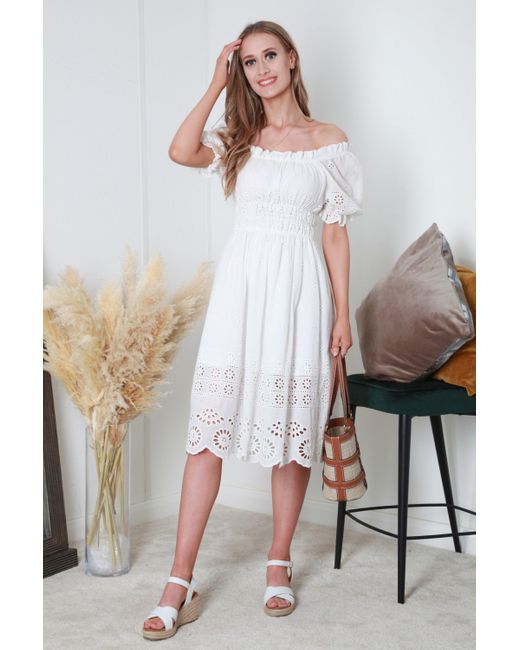 Double Second White Broderie Lace Bardot Midi Dress