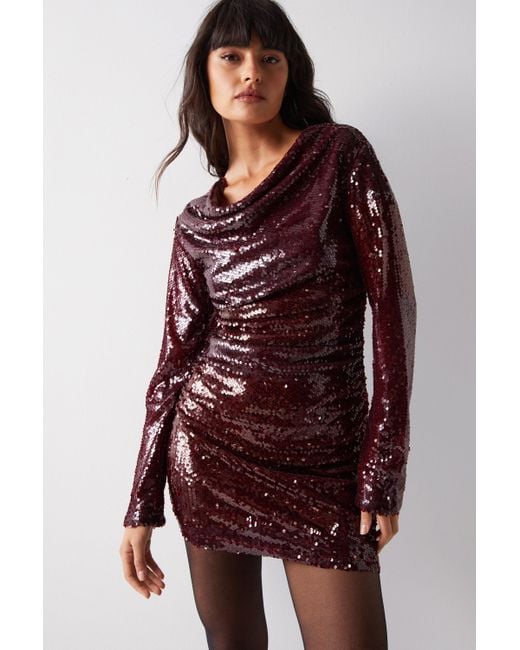Warehouse Red Cowl Neck Sequin Long Sleeve Dress