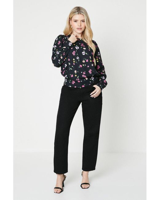 Dorothy Perkins Black Floral Pleat Front Long Sleeve Blouse