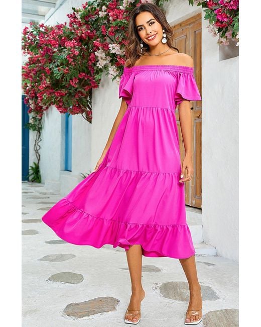 FS Collection Off Shoulder Bardot Frill Midi Dress In Fuchsia Pink