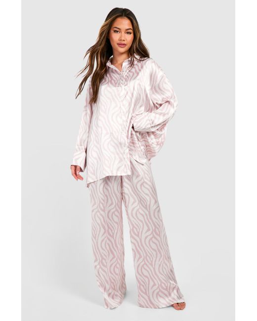 Boohoo Pink Oversized Tonal Zebra Print Satin Pyjama Set