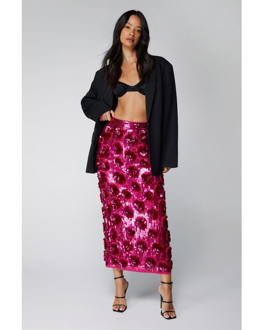 Nasty Gal Red 3d Sequin Floral Midi Skirt