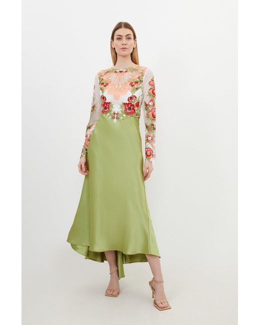 Karen Millen Green Petite Premium Satin Guipure Lace Maxi Dress