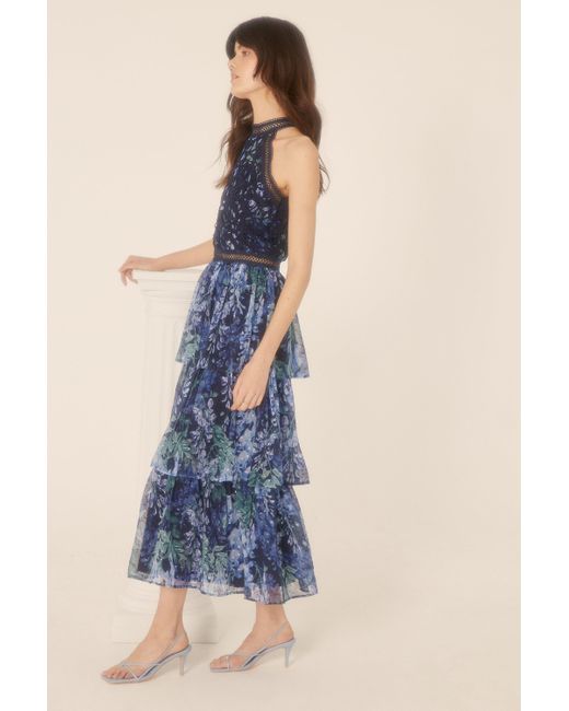 Oasis Blue Petite Lace Halter Floral Tiered Midi Dress