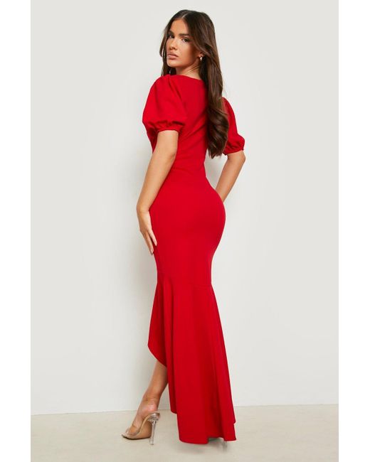 Boohoo Red Puff Sleeve Fishtail Maxi Dress