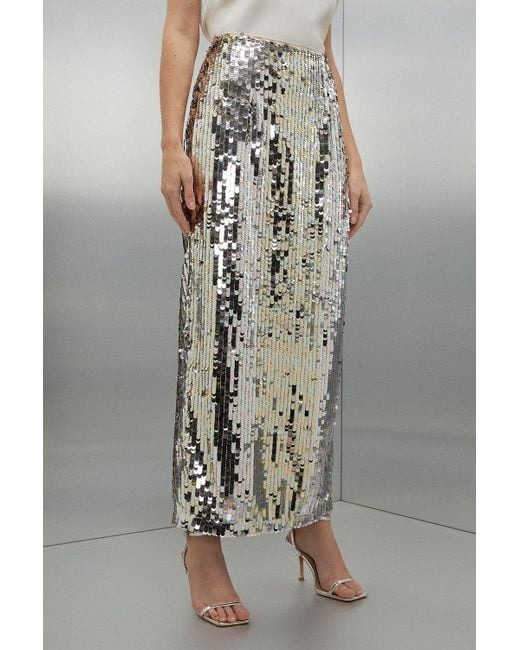 Karen Millen Gray Silver Sequin Midaxi Woven Skirt