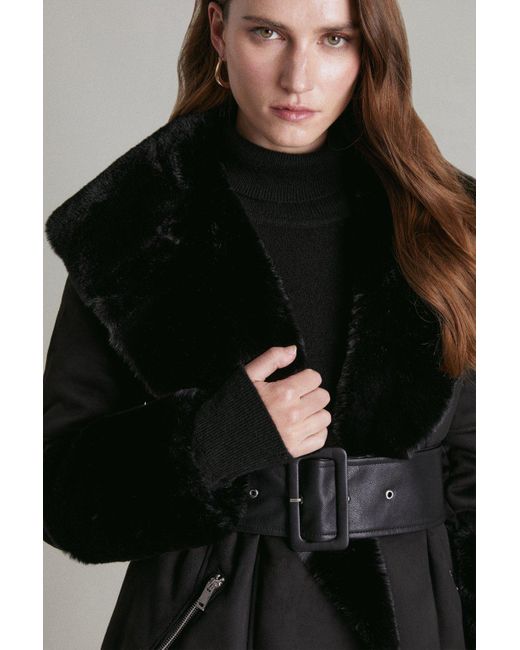 Karen Millen Black Long Mock Shearling Belted Coat