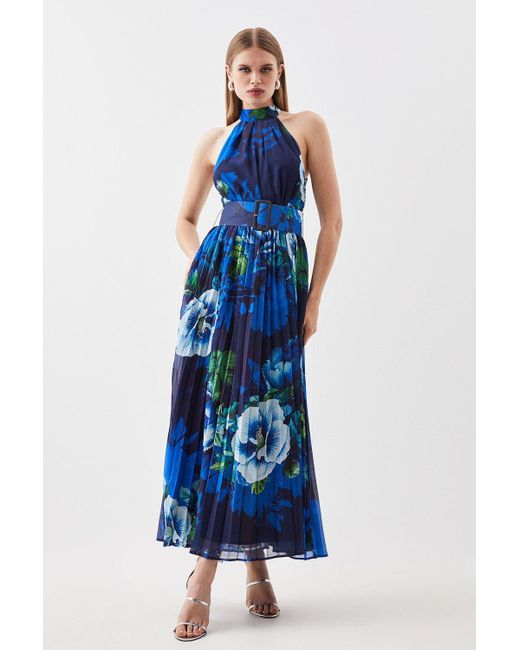 Karen Millen Blue Rose Print Pleated Maxi Dress