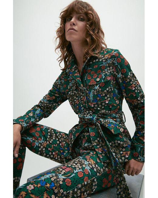 Warehouse Green Wh X William Morris Society Floral Print Cord Belted Jacket