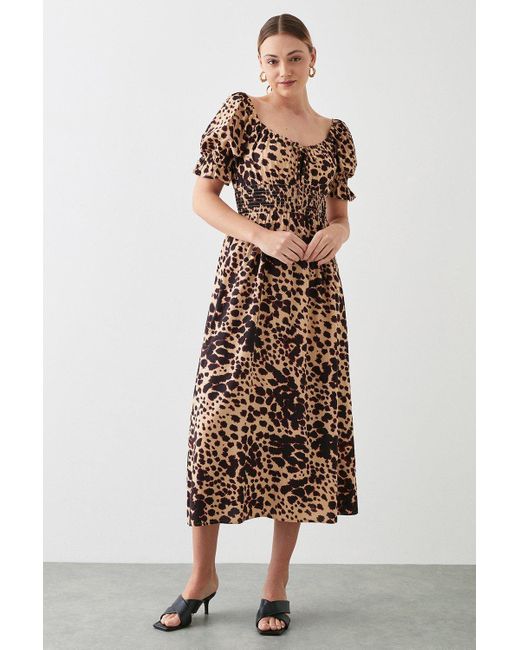 Dorothy Perkins Natural Animal Printed Shirred Waist Midi Dress