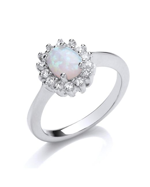 Jewelco London White Silver Oval Opal Royal Cluster Engagement Ring - Gvr754op