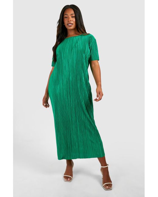 Boohoo Green Plus Plisse Midaxi Column T-shirt Dress