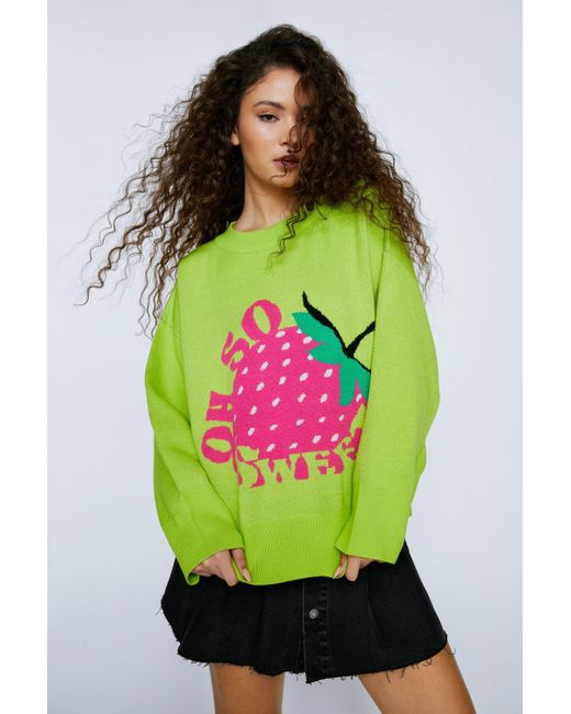 Nasty Gal Green Strawberry Graphic Crew Neck Knitted Sweater