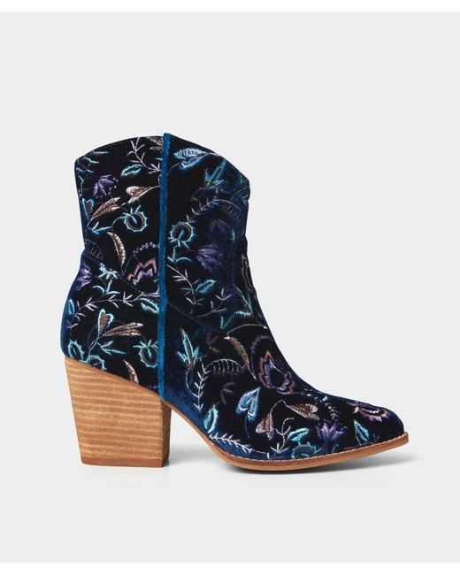 Joe Browns Blue Floral Embroidered Velvet Ankle Boots