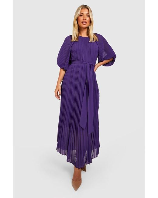 Boohoo Purple Pleated Puff Sleeve Midi Dress