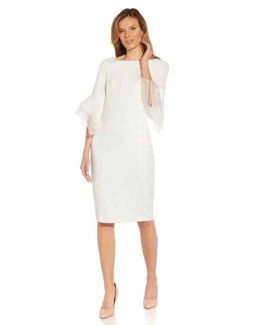 Adrianna Papell White Knit Crepe Tiered Sleeve Dress