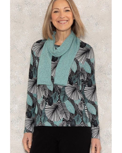 Anna Rose Blue Printed Brushed Knit Top With Scarf