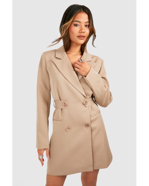 Boohoo Natural Double Breasted Cinched Waist Blazer Dress