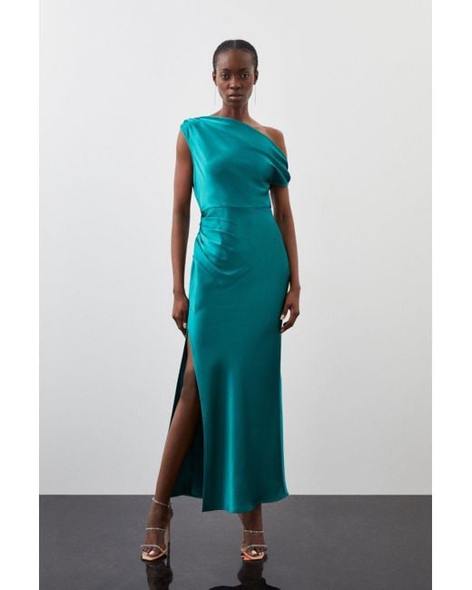 Karen Millen Blue Tall Satin Draped One Shoulder Woven Maxi Dress