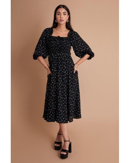 ANOTHER SUNDAY Black Shirred Bust 3/4 Sleeve Milkmaid Ditsy Print Dress